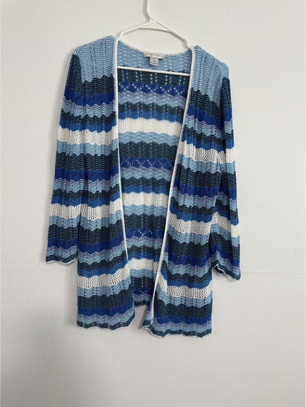 Blue Stripe Open Knit Cardigan Sweater Medium Coastal Boho USA - Picture 2 of 6
